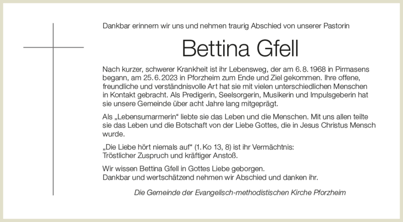 Traueranzeige Bettina Gfell